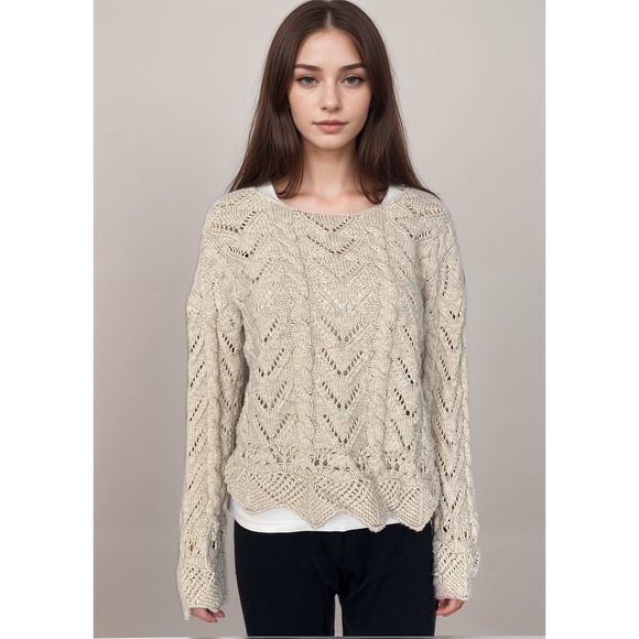 Sundance Knit Sweater Women Sz M Beige Open Knit 100% Cotton Boho - Picture 1 of 9